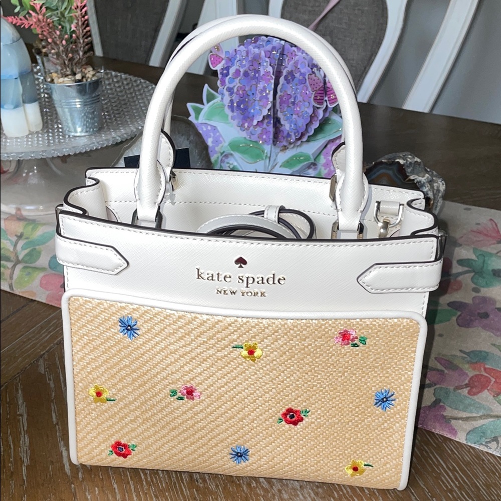 NWT Kate Spade White and Tan Floral Satchel